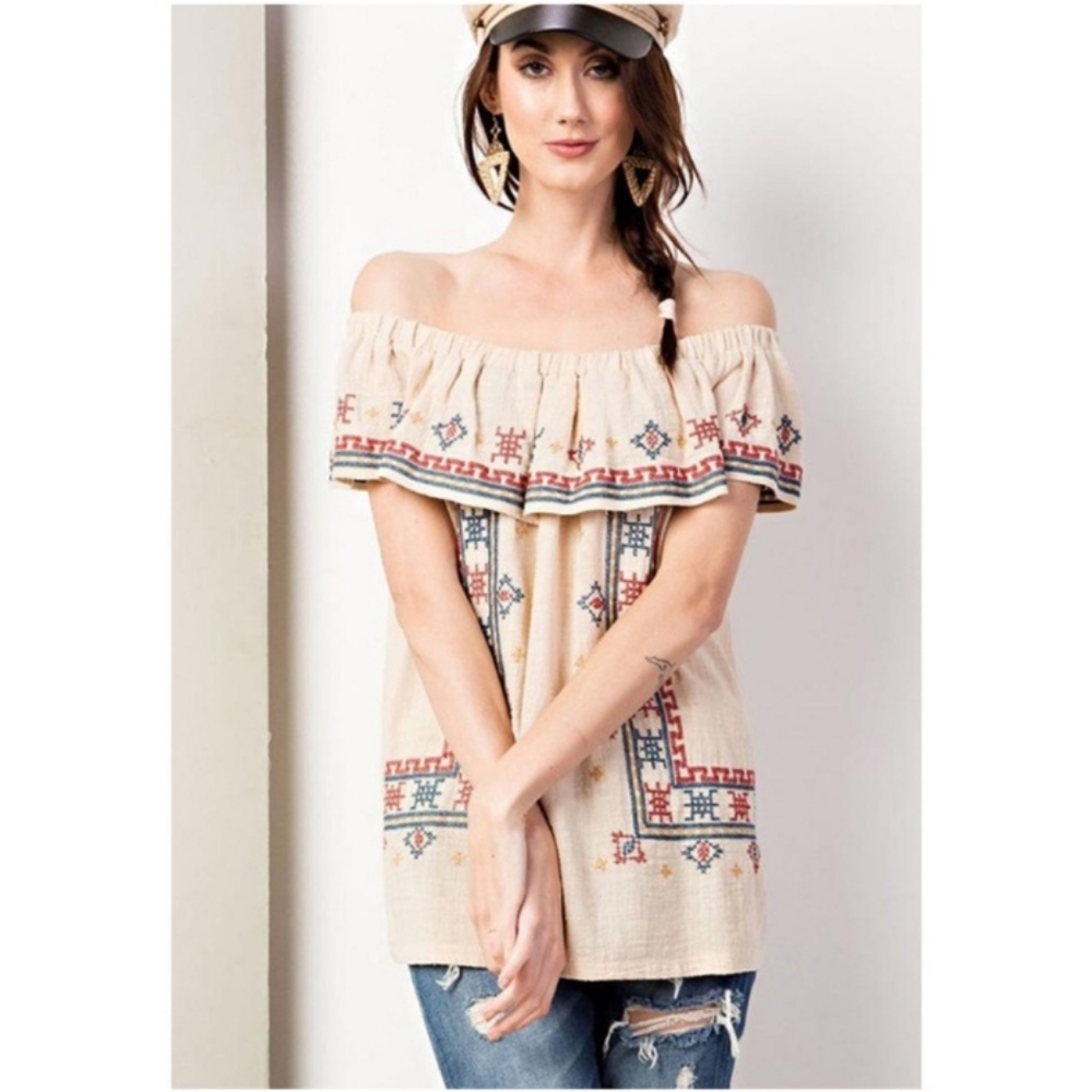 Easel Los Angeles Boho Embroidered Ruffle Off Shoulder